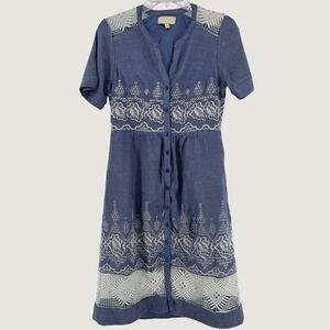 Moulinette Soeurs Dress Womens 8 Blue Embroidered Crochet Lace Button Front Midi
